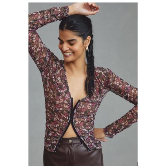 By Anthropologie Mesh Top in Black Motif with Floral print - Size X-Small - NWOT - Picture 1 of 7